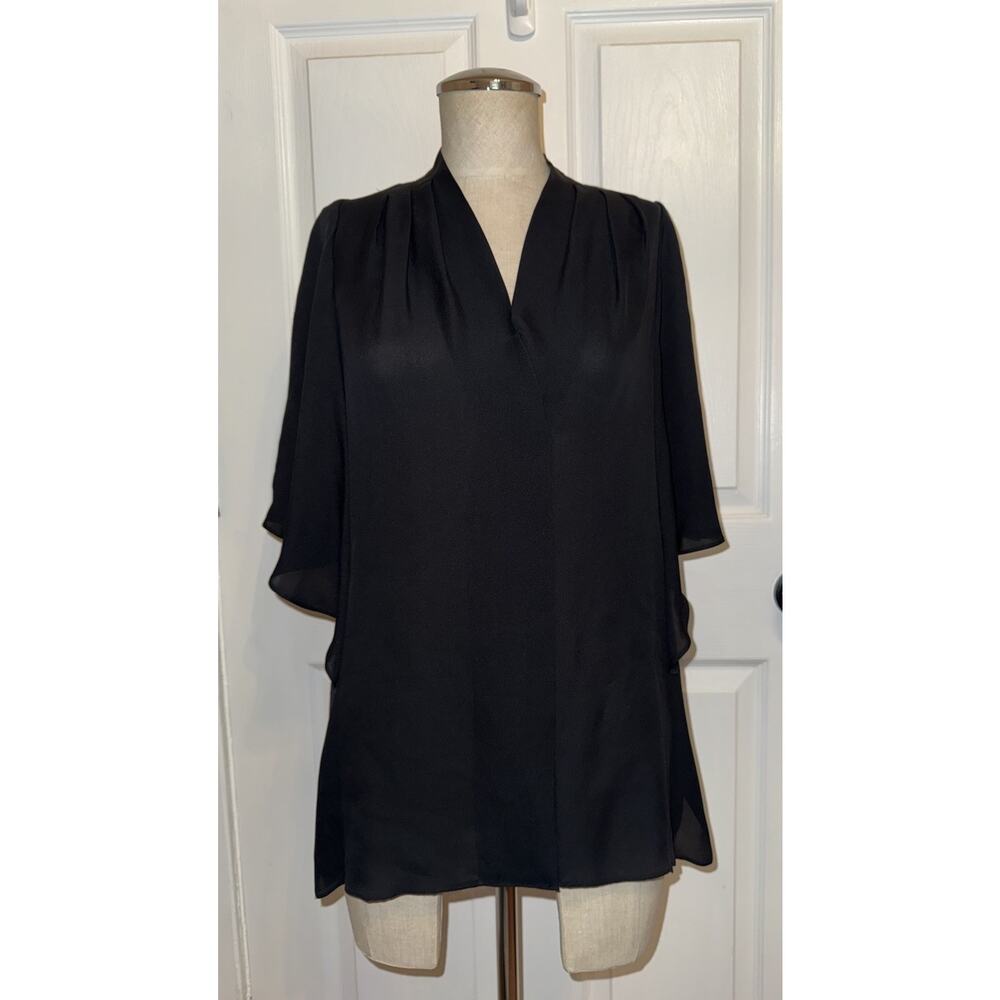 KOBI Halperin Black Silk V Neck Pleated‎ Flutter Short Sleeve Blouse M